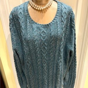 L.L Bean Turquoise Blue Mixed Cables Knit Long Sleeve Sweater